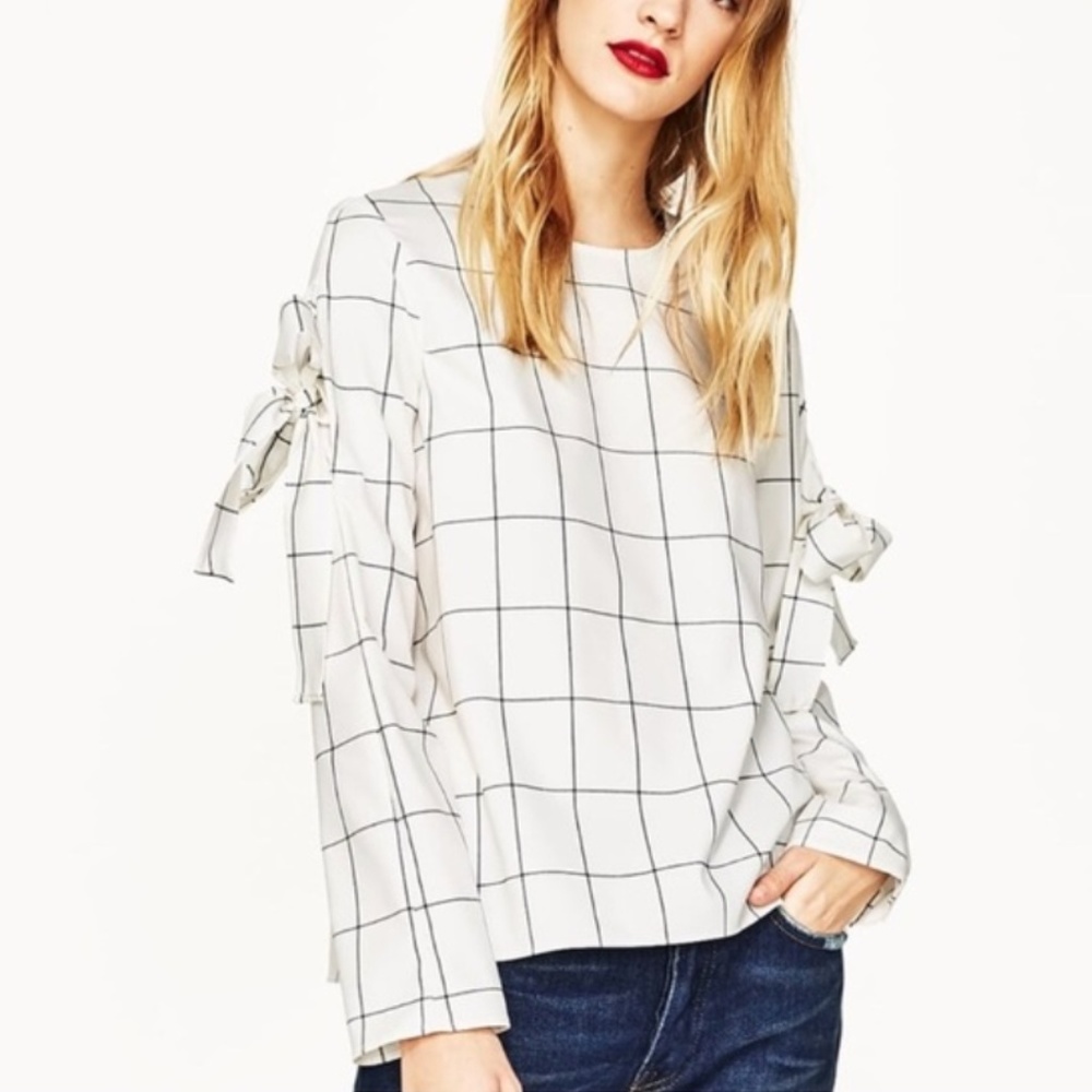 ZARA | White Windowpane Plaid Long sleeve Small